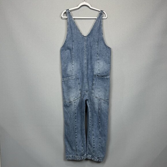We The Free People High Roller Jumpsuit Womens L Blue Denim Pull On Relaxed Crop - Picture 1 of 10